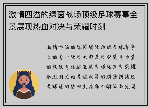 激情四溢的绿茵战场顶级足球赛事全景展现热血对决与荣耀时刻