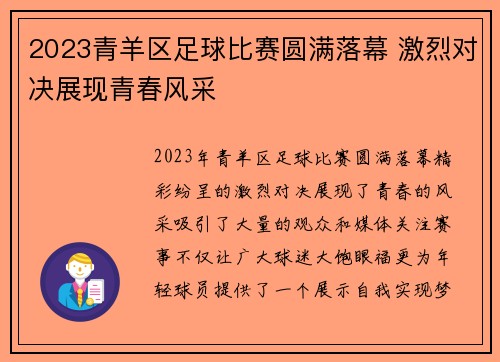 2023青羊区足球比赛圆满落幕 激烈对决展现青春风采