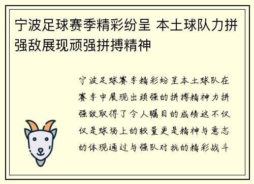 宁波足球赛季精彩纷呈 本土球队力拼强敌展现顽强拼搏精神