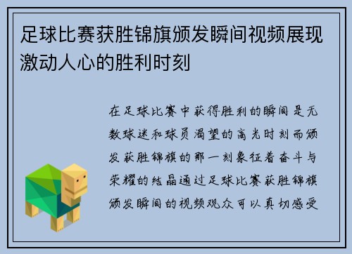 足球比赛获胜锦旗颁发瞬间视频展现激动人心的胜利时刻
