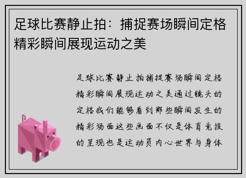 足球比赛静止拍：捕捉赛场瞬间定格精彩瞬间展现运动之美