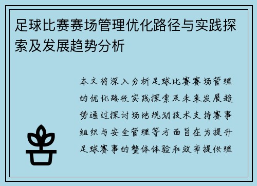 足球比赛赛场管理优化路径与实践探索及发展趋势分析