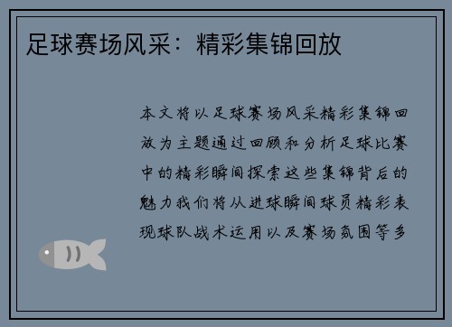 足球赛场风采：精彩集锦回放