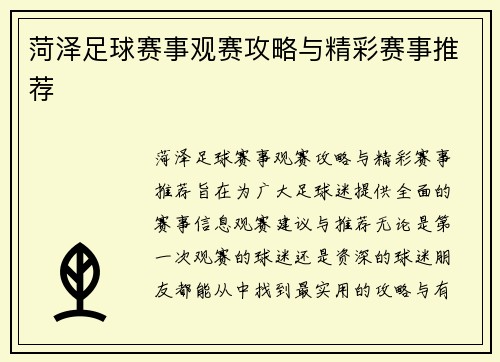 菏泽足球赛事观赛攻略与精彩赛事推荐