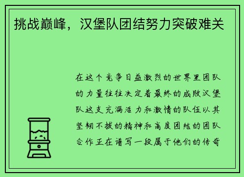 挑战巅峰，汉堡队团结努力突破难关