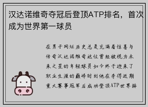 汉达诺维奇夺冠后登顶ATP排名，首次成为世界第一球员