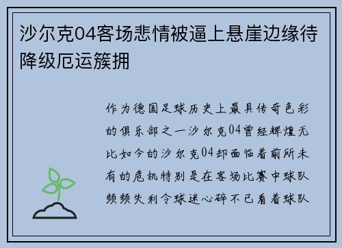 沙尔克04客场悲情被逼上悬崖边缘待降级厄运簇拥