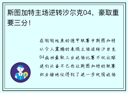 斯图加特主场逆转沙尔克04，豪取重要三分！