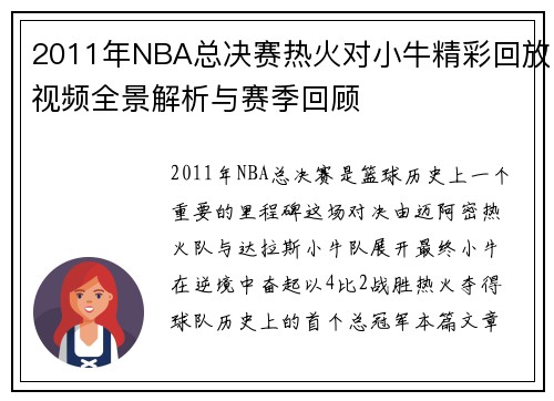 2011年NBA总决赛热火对小牛精彩回放视频全景解析与赛季回顾