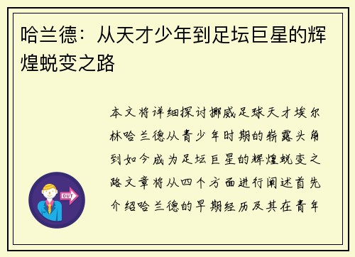 哈兰德：从天才少年到足坛巨星的辉煌蜕变之路