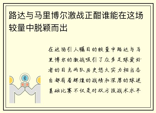 路达与马里博尔激战正酣谁能在这场较量中脱颖而出