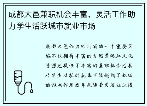 成都大邑兼职机会丰富，灵活工作助力学生活跃城市就业市场