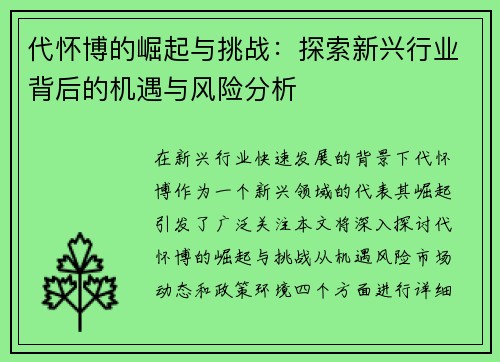 代怀博的崛起与挑战：探索新兴行业背后的机遇与风险分析