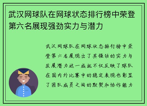 武汉网球队在网球状态排行榜中荣登第六名展现强劲实力与潜力