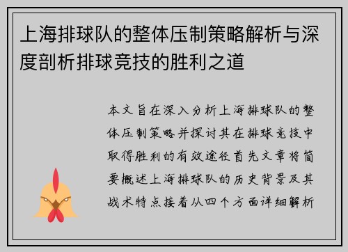 上海排球队的整体压制策略解析与深度剖析排球竞技的胜利之道