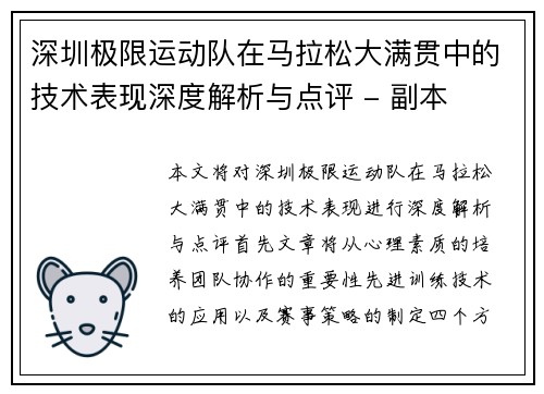 深圳极限运动队在马拉松大满贯中的技术表现深度解析与点评 - 副本